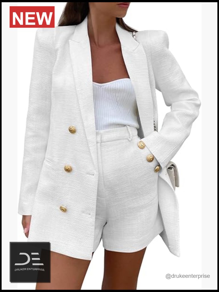 Tweed Blazer And Shorts Set - 2 Piece Double Breasted Suit Jacket